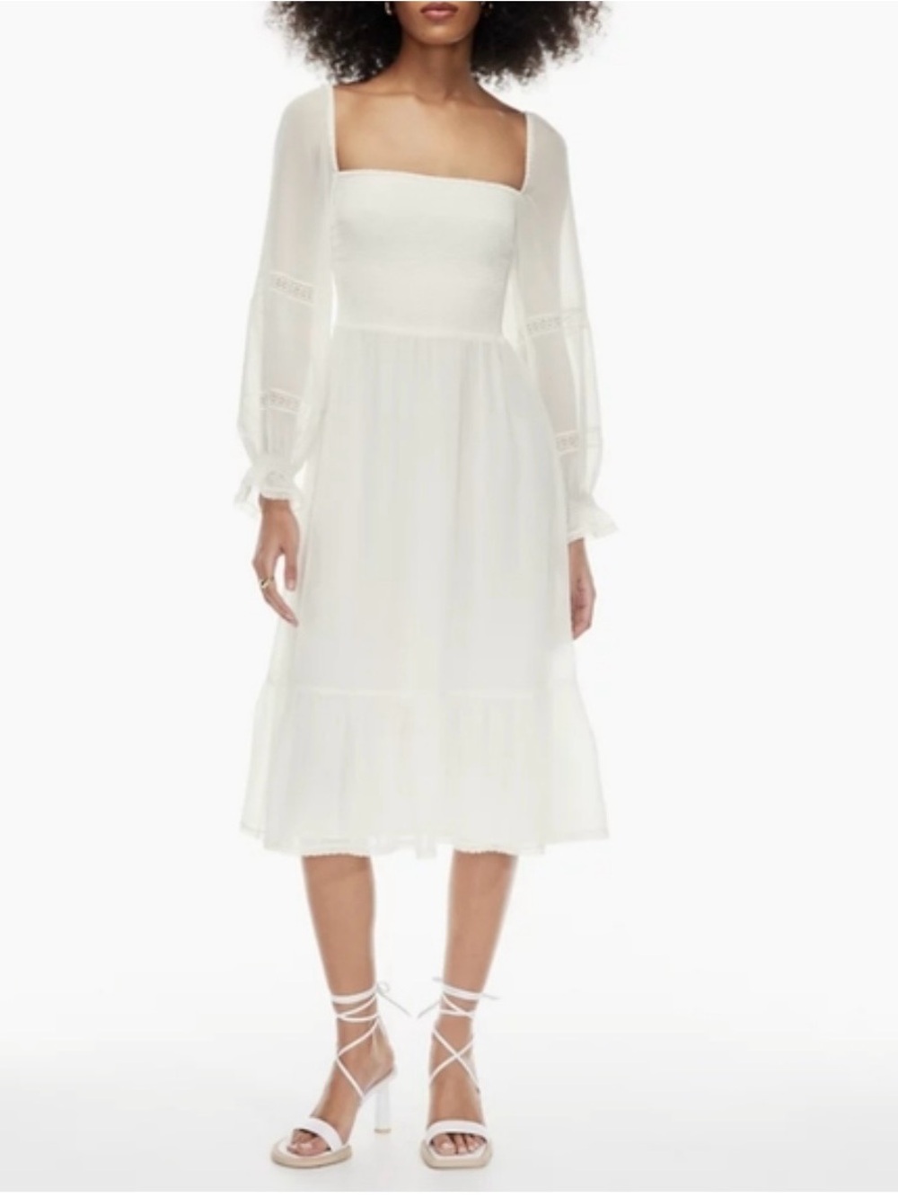 Wilfred White Square-Neck Midi Dress with Sheer Bishop Sleeves